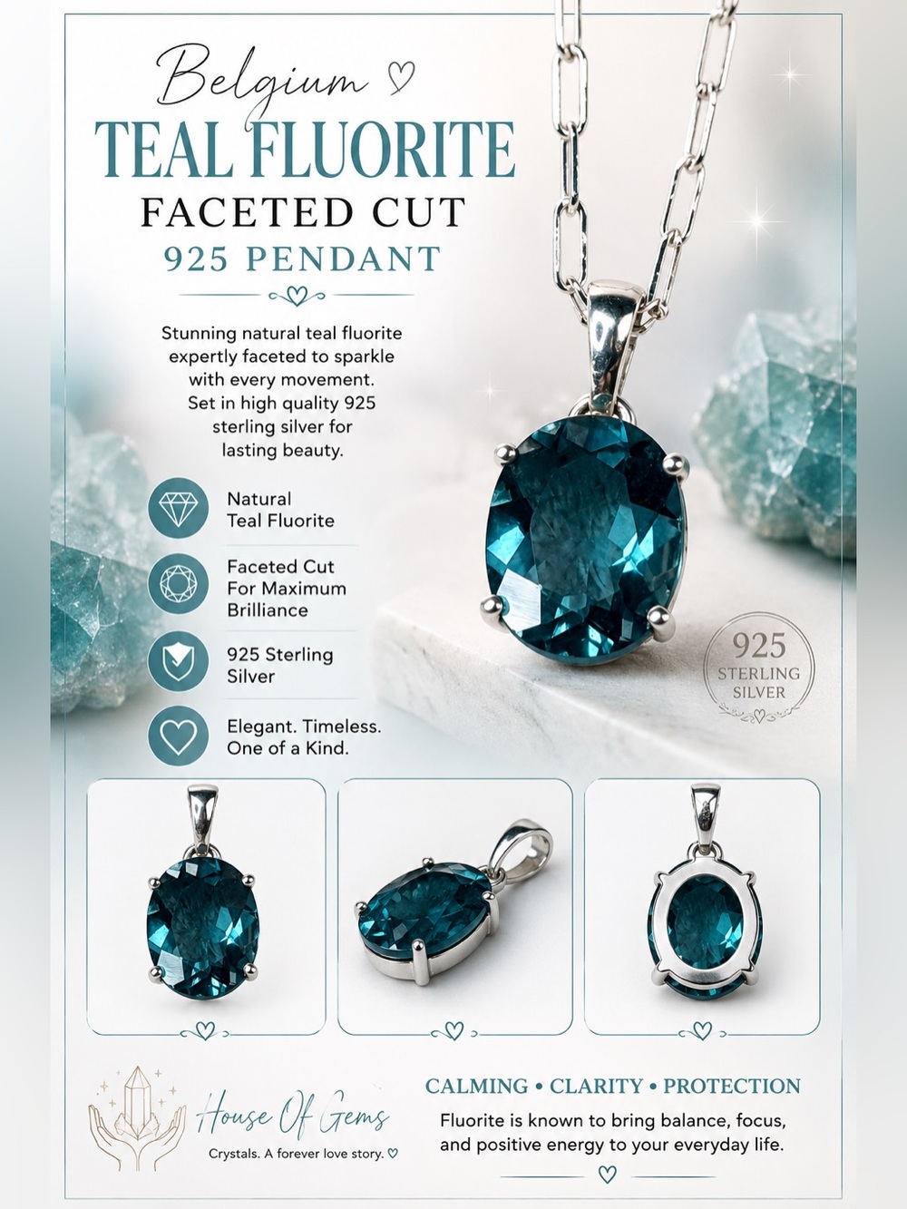 Teal Fluorite Faceted 925 Sterling Silver Pendant